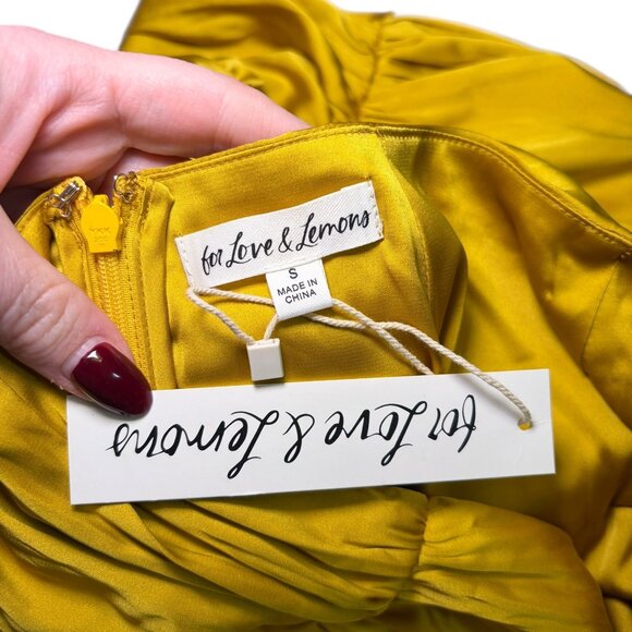 For Love & Lemons Alia Yellow Satin Ruched Ruffle Mini Skirt Small NWT - Picture 6 of 6